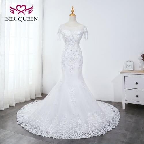 O-neck heavy Beading Mermaid Wedding Dress Pure White Tassel Bridal Gown Embroidery Tulle Lace up Wedding Dresses WX0042