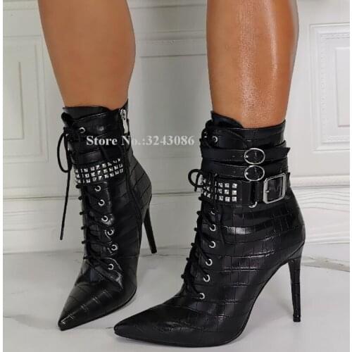 Black Crocodile Leather Lady Ankle Boots New Design Lace-up Buckle Straps Short Boots Fashion Stiletto Heel Female Booties Shoes