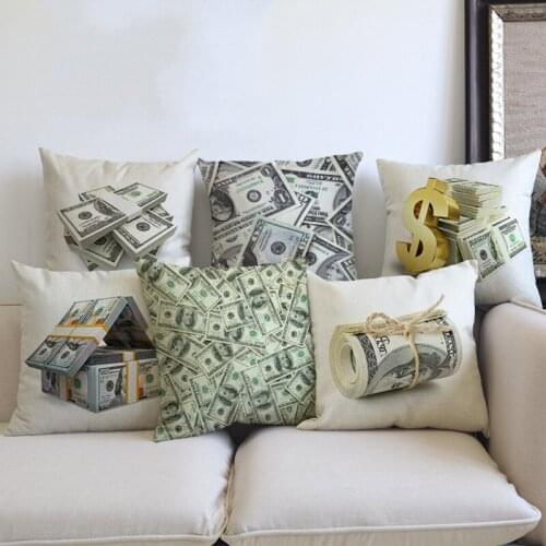 New US Dollar Decorative Sofa Throw Pillows 18 inches Square Linen Cotton Money Print Ofiice Chair Seat Cushion Cover Home Decor