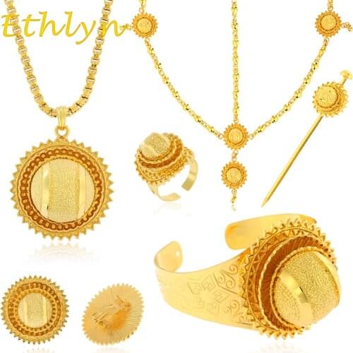 Ethlyn Traditional Ethiopian Bridal Jewelry Sets Big Gold Color hair jewelry 6pcs sets & African jewelry for Ethiopian S141A