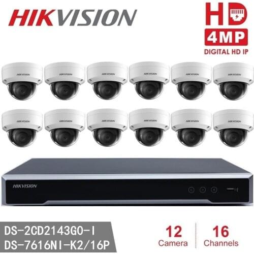 Hikvision Video Surveillance Kits DS-7616NI-K2/16P Embedded Plug & Play H.265 4K NVR & 12pcs DS-2CD2143G0-I 4MP IR IP Security