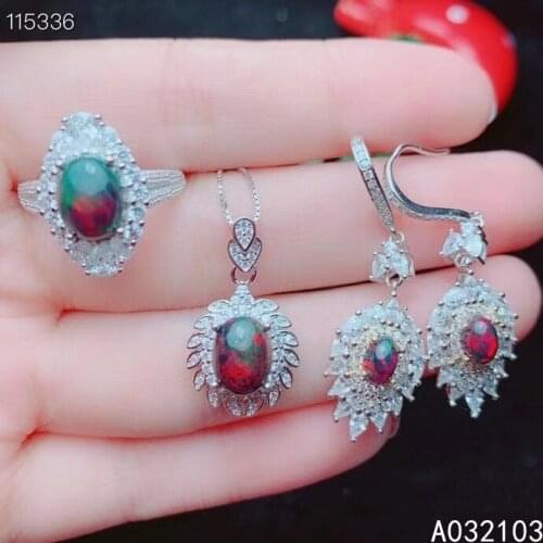 KJJEAXCMY fine jewelry 925 sterling silver inlaid natural black opal Girl elegant fresh plant pendant Ring Earring Set Support c