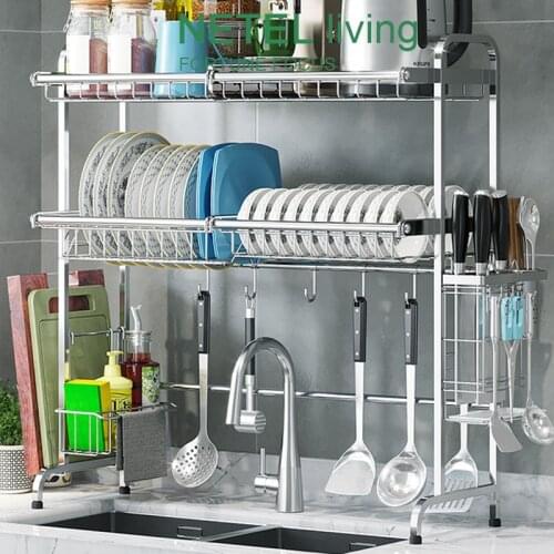 For Kitchen Counter Over the Sink Dish Drying Rack Stainless Steel 2 Tier Organizer Racks Kitchen Storage Shelf Durable Drainer