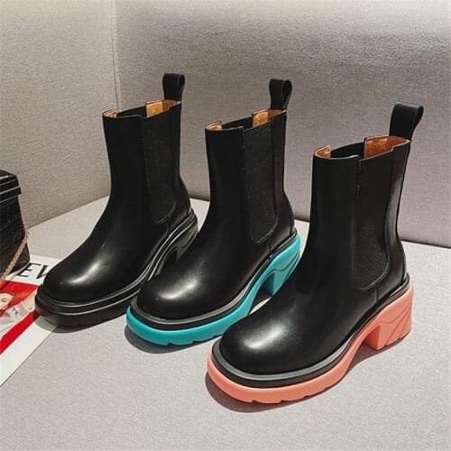 Fashion Chunky Boots Women Autumn Ankle Boots PU Leather Platform Chelsea Boots Thick Heel Female Wedges Shoes Ladies Boots
