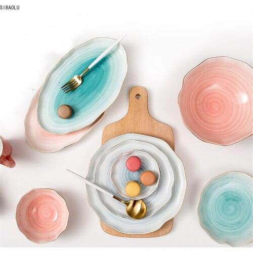 Ceramics Dinner Plate Set Plating Gold Strip Dishes Plates Porcelain Rice Fish Steak Dessert Tableware Irregular Handmade Plate