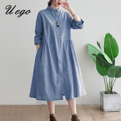 2021 New Arrival Korea Fashion Preppy Style Plaid Blouse Shirt Dress Linen Cotton Loose Vintage Spring Dress Women Casual Dress