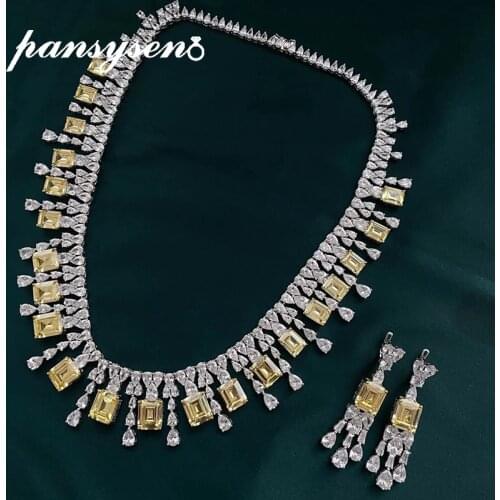 PANSYSEN 100% 925 Sterling Silver Customized Emerald Cut Citrine Simulated Moissanite Neckalce/Earrings Jewelry Set Fine Jewelry