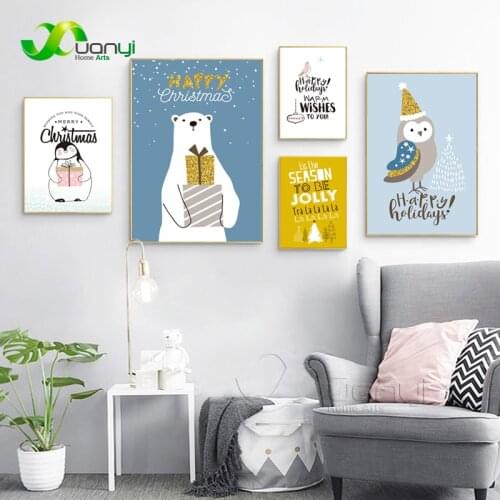 Nordic Animal Cartoon Poster Wall Art Picture Nordic Quote Poster Wall Decoraction Painting For Christmas Day Kids Room Unframed