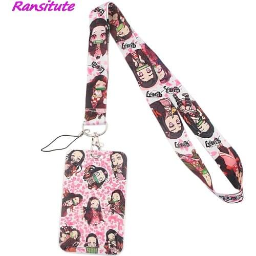 Ransitute R1484 Anime Girl Demon Slayer Lanyard Card Holder Student Hanging Neck Phone Lanyard Badge Subway Access Card Holder