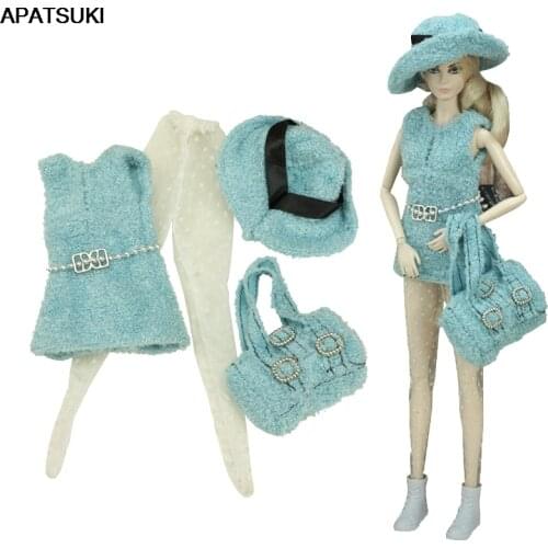 Blue Fashion Doll Clothes Set for Barbie Doll Outfits 1/6 Dolls Accessories For Barbie Vest Coat Pantyhose Hat Handbag Purse Toy