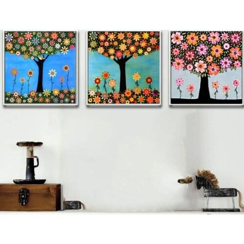 Modern Lovely Cartoon Flower Tree Prints on Canvas Poster Abstract Tree Wall Art Pictures Girls Room Artwork Kids Wall Stickers