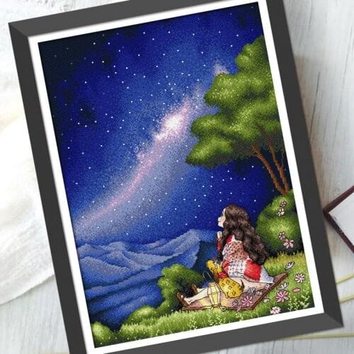 Punto de cruz cross-stitch embroidery Girl looking up at the sky full of stars and the Milky Way Daughters room decoration