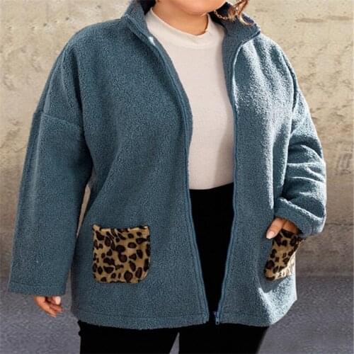 Loose Large Size Women Jacket Leopard Stitching Stand Collar Zip Polar Fleece Coat Casual Solid Parkas Outwear Jacket Plus Size