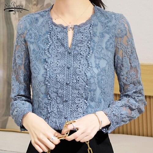 2021 Korean Blue Lace Bottom Shirt Women New Autumn Floral Pullover Blouse Women Office Long Sleeve Plus Size Ladies Tops 10357