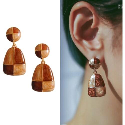 Fashion Ins 2020 Enamel Retro Square Geometric Elegant Korean Long Clip on Earrings for Women Wedding Party Travel Gift Jewelry