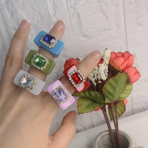 2021 New Luxury Blue Crystal Rhinestone Stone Acrylic Ring Vintage Aesthetic Square Womens Jewelry-accessory Resin Rings anillo