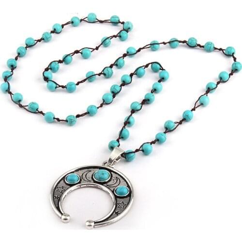 Fashion Blue Stone Bohemian Jewelry with Moon Star, Cactus Charm Pendant Lady Necklace