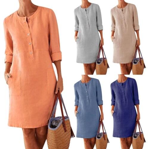 Plus Size Casual Solid Color Cotton Linen Women Long Sleeve Tunic Kaftan Dress