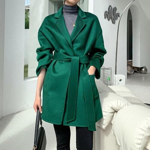 2021 winter straight tube double-sided cashmere coat womens medium and long water wave wool coat green Hepburn
