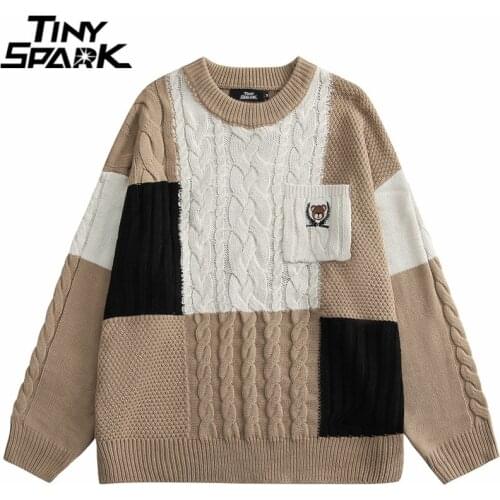 2021 Men Knitted Sweater Hip Hop Streetwear Color Block Patchwork Embroidery Bear Pullover Harajuku Casual Autumn Sweater Pocket