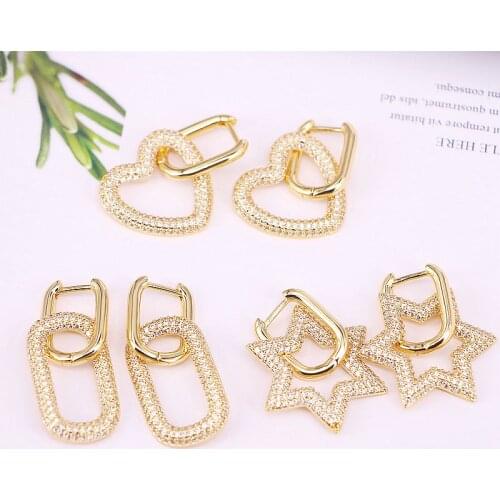 5Pairs, Star/Oval/Heart Dangle Earrings for Women Clear Micro Pave Jewelry Gold color Earrings