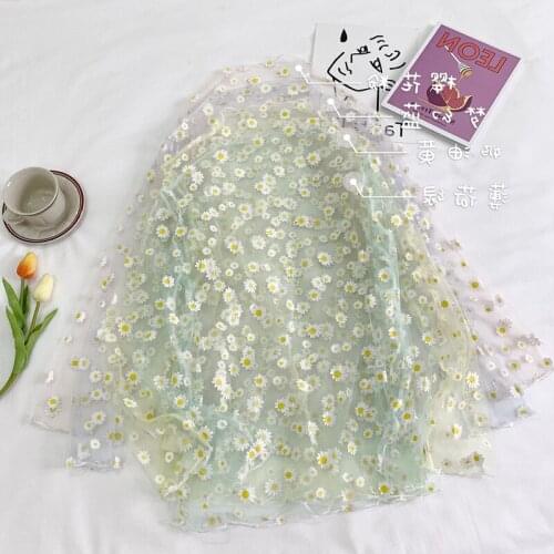 White-Yellow Daisy Woman Tops Tulle Fabric Lace Fabric Embroidered Korean Loose Sun Protection Inner Base Shirt Fashion Blouse