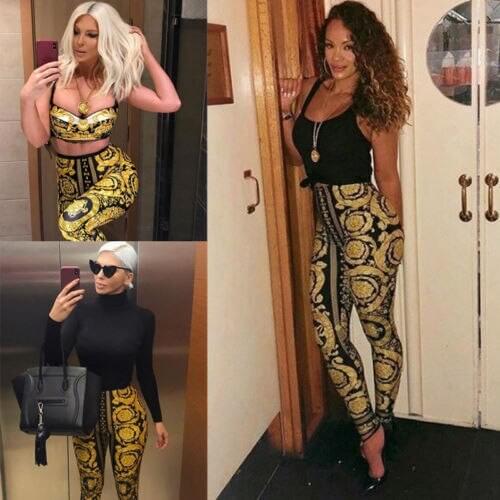 Sexy Pants Women Golden Floral Printed Casual High Waist Soft Trouser Female Ladies Active Wear Skinny Slim Fit Leggings