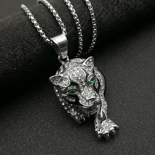 Hip Hop Iced Out Rhinestone Tiger Stainess Steel Gold Color Bling Pendant & Necklace For Men Women Jewelry With Chains