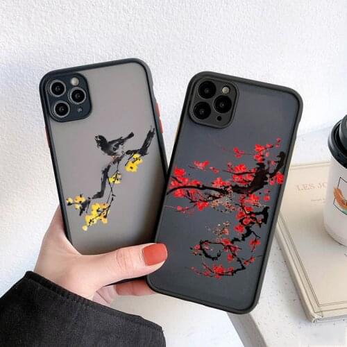 Phone case For iPhone 12 Mini pro Ink plum flower painting 11 Pro Max SE 2020 Matte Phone Case For iPhone X Xs XR 6s 7 8plus