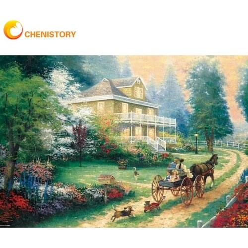 CHENISTORY 5D DIY Diamond Embroidery Carriage Wall Art Diamond Painting Full Square Round Secnery Picture Rhinestone Villa Decor