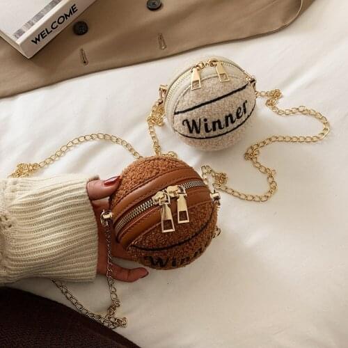 Girl Casual Splicing PU Lamb Fleece Crossbody Bags Fashion Ball Shaped Shoulder Clutch Women Mini Party Thin Metal Chain Handbag