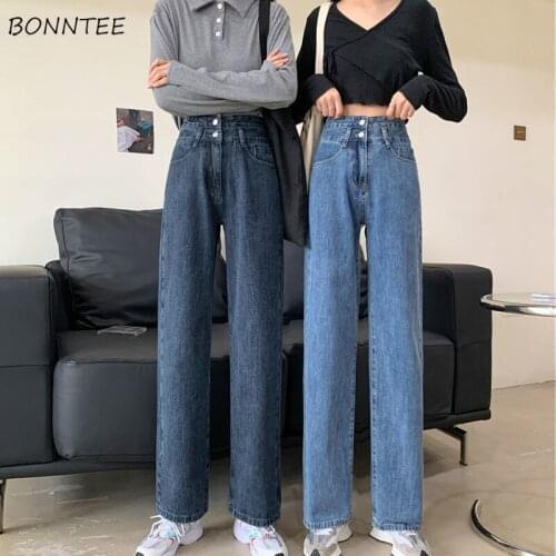 Jeans Women High Waist Two Buttons Hipster Loose Washed Design Daily Street Teen College All-match Korean Style Trousers Casual