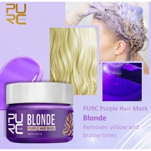 PURC Purple Hair Mask for Blonde Silver Hair Removes Yellow and Brassy Tones Smooth Condition Dry Damaged Hair Care Product 60ml