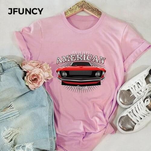 JFUNCY Vintage Car Print Cotton T Shirt Women Short Sleeve Summer Tops Woman Tee Shirts Female Plus Size Casual T-shirt