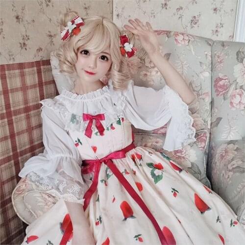 Strawberry Dance Sweet Womens Lolita JSK Dress Sleeveless Dress + White Shirt Blouse Cute Bows Trim Princess Dress One Piece