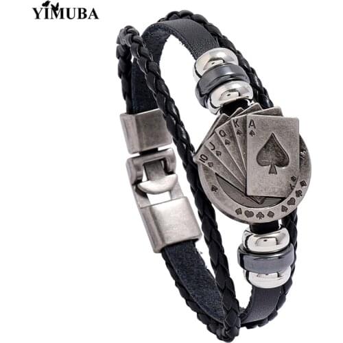 Hot Lucky Playing Cards Raja Vegas Mens Bracelet Poker Multilayer Braided Leather Bracelet Fashion Alloy Accessories Wristbands