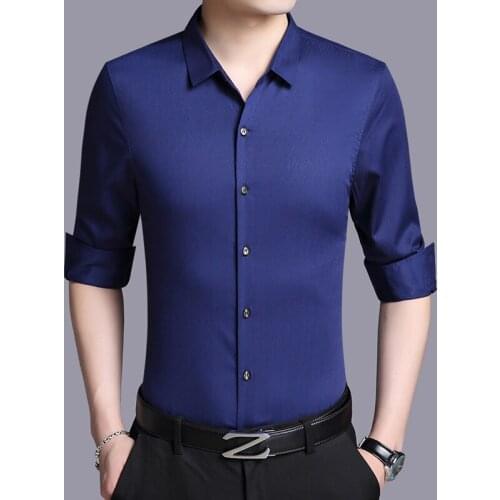 2020 Spring Men Long Sleeve White Real Silk Shirt Black Mens Shirts Casual Slim Fit Korean Social Camisa Masculina KJ1266