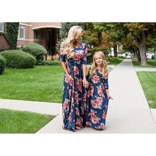 Mother Daughter Long Sleeved Dress Flower Print Autumn Christmas Mom and Daughter Elegant Dress Pajamas Family Matching Outfits