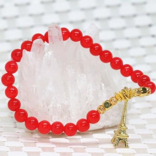 Dark Red Natural Stone Chalcedony Jades 6mm Round Beads Strand Beaded Bracelet Paris Tower Shape Pendant Jewelry 7.5inch B1932