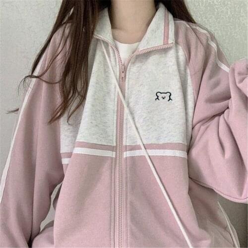 Pink Patchwork Hoodie Sweatshirt Girl Zip Up Women Loose Punk Hip Hop Tops Cute Funny Oversize Korean High Street Bear Hoodies