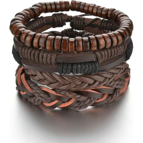 Unique Braided Wrap Leather Bracelets for Men Vintage Life Tree Rudder Charm Wood Beads Ethnic Tribal Wristbands