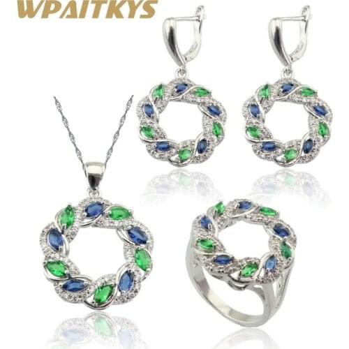 WPAITKYS Green Blue Crystal White Zirconia Silver Color Jewelry Sets For Women Necklace Pendant Earrings Rings Free Gift Box