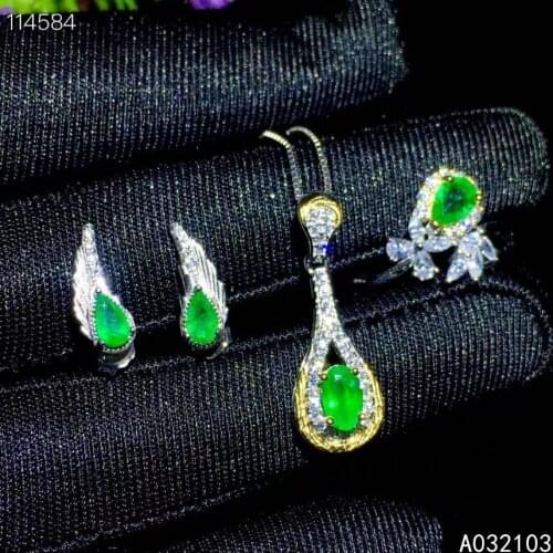KJJEAXCMY fine jewelry 925 sterling silver inlaid natural emerald Womens exquisite luxury Gem Ring Pendant Earring Set support