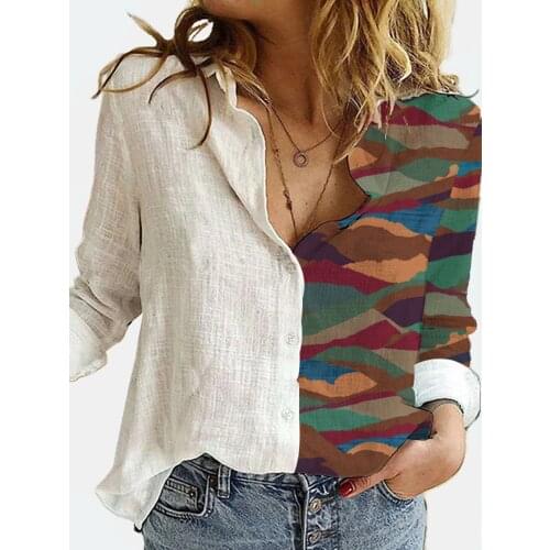 Women Lapel Button Shirt Long Sleeve Loose Casual Top Half Camouflage Personalized Printing Girl Fashion All-match T-Shirt