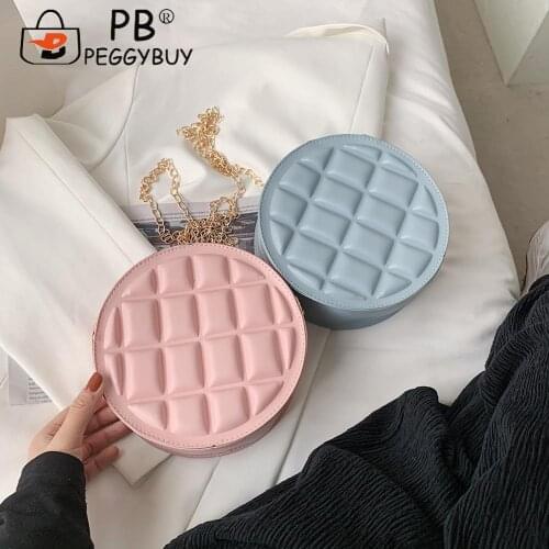 Women Round Grid Chain Shoulder Bag PU Leather Female Circle Messenger Purse Checker Crossbody Messenger Pouch Streetwear