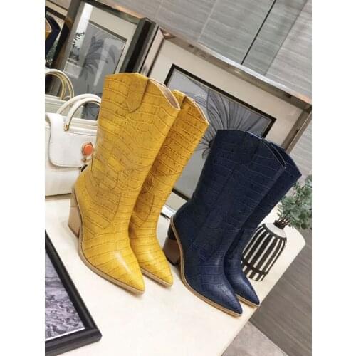 INS HOT SALE chunky high heel pointed mid high women boots real photo custom make colors chunky heel woman leather boot size 42