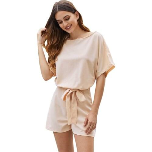 Womens Casual Beige Playsuit Summer Girls Short Playsuits Short Sleeve Loose High Waist Jumpsuit Female Sexy Rompers Hot Sale