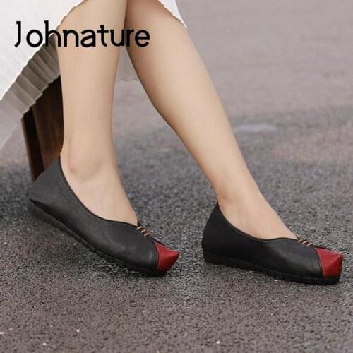Johnature Flats Women Shoes Genuine Leather 2021 New Spring/Autumn Mixed Colors Pointed Toe Retro Shallow Concise Ladies Shoes