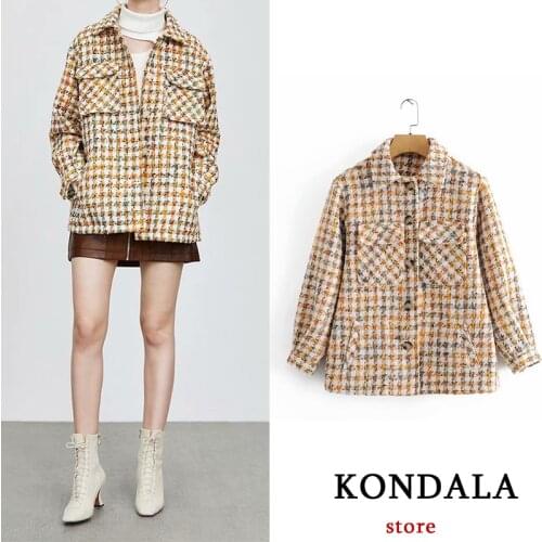 KONDALA Womens Blazer Za Sweet Lady Plaid Fashion 2021 Shirt Jacket Casual Oversized Yellow Coat Female Elegant Outwear