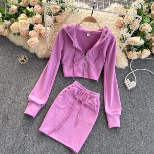 Fleece Hooded Solid Two Piece Matching Sets Women Spring 2021skirtAthleisure Workout Zipper Sweatshirts+Drawstring Shorts Outfit